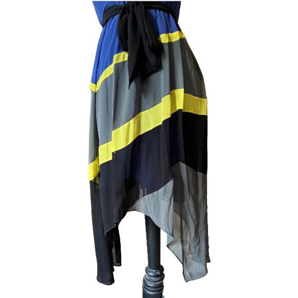 Max and Cleo Sheer Asymmetrical Dress Sz 4 (Small) Striped Blue, Yellow, & Gray - Picture 13 of 15